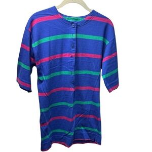Oscar de la Renta Expressions Vintage Blue Pink Green Striped Henley Tunic S